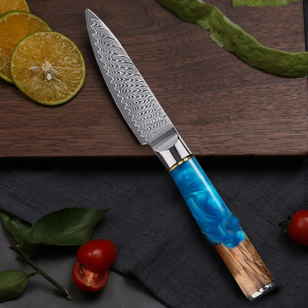 Tesoro Damascato Azzurro - Cuchillo pelador de 9 cm de acero damasco VG10 - 67 capas