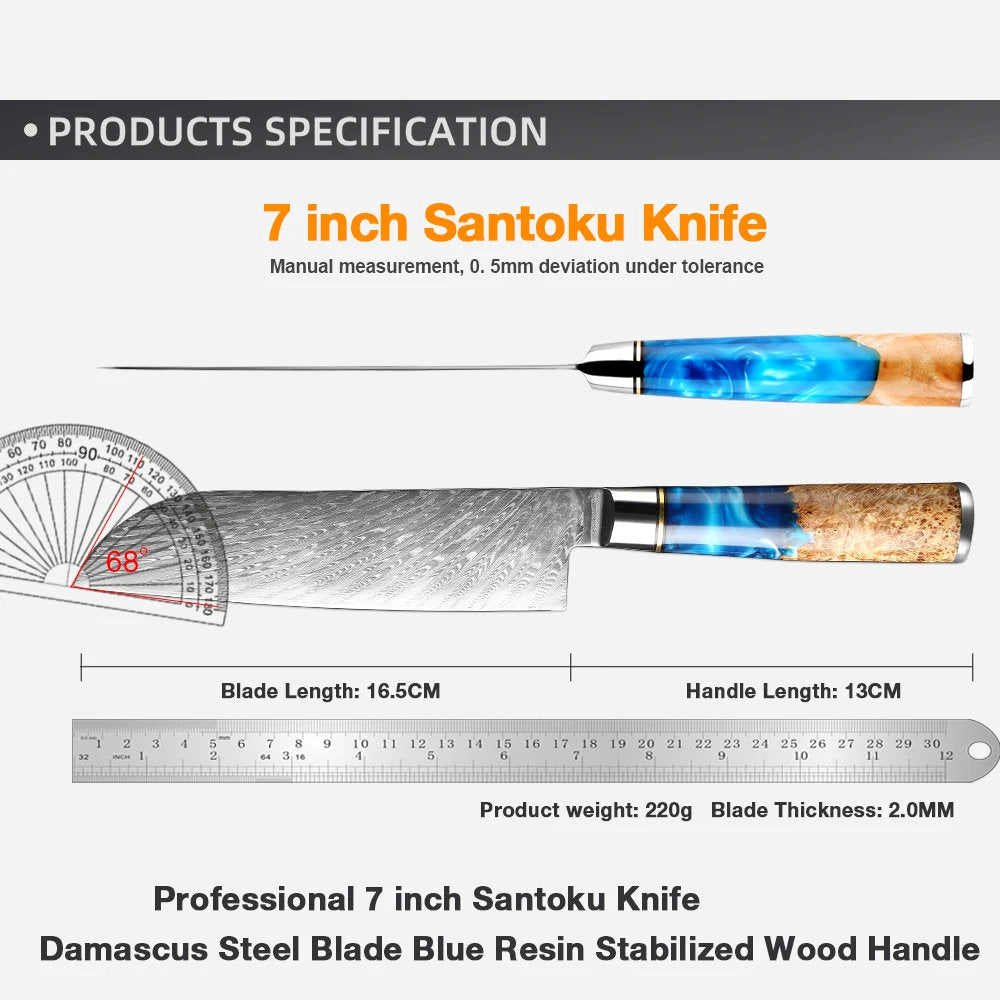 Tesoro Damascato Azzurro - Cuchillo Santoku de 16,5 cm de acero damasco VG10 - 67 capas