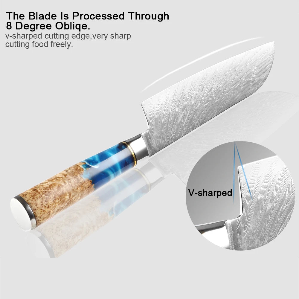 Tesoro Damascato Azzurro - Cuchillo Santoku de 16,5 cm de acero damasco VG10 - 67 capas