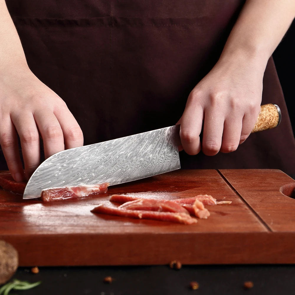 Tesoro Damascato Azzurro - Cuchillo Santoku de 16,5 cm de acero damasco VG10 - 67 capas