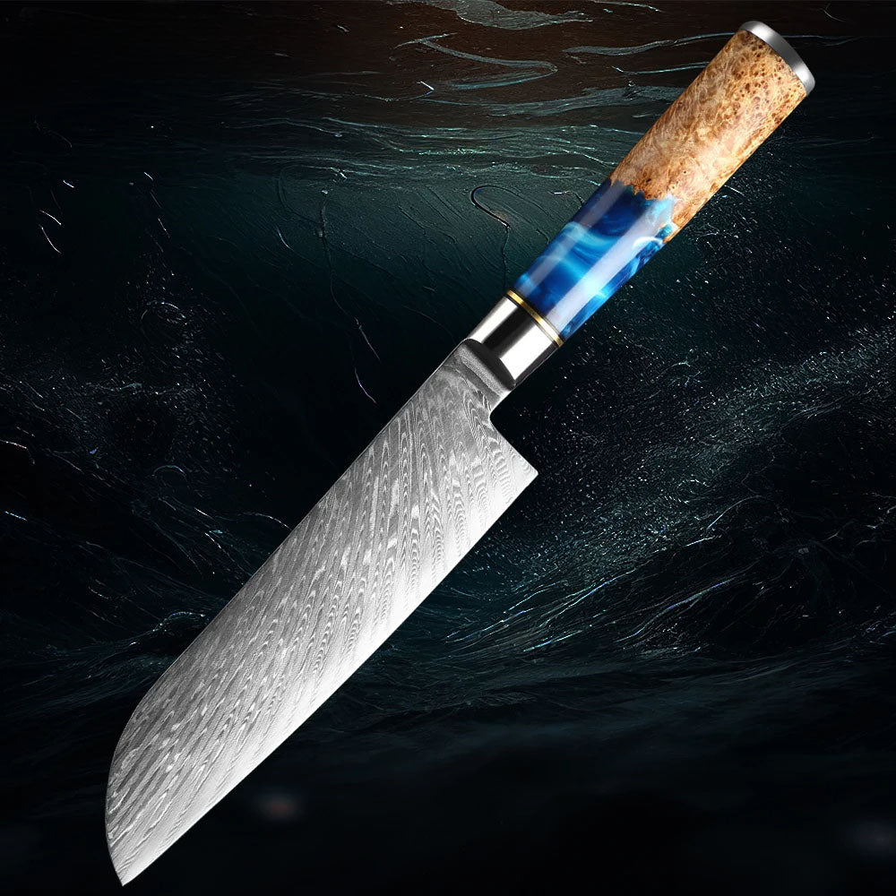 Tesoro Damascato Azzurro - Cuchillo Santoku de 16,5 cm de acero damasco VG10 - 67 capas