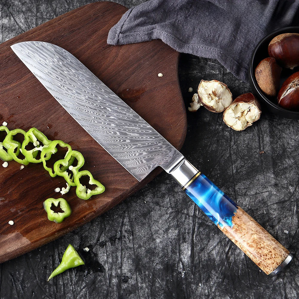 Tesoro Damascato Azzurro - Cuchillo Santoku de 16,5 cm de acero damasco VG10 - 67 capas