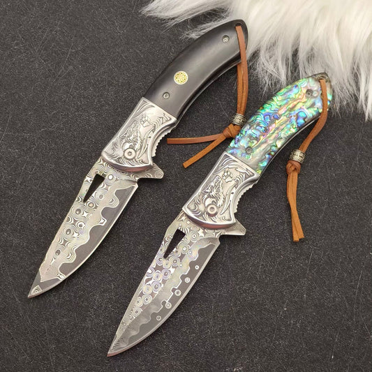 Cuchillo plegable para exteriores de acero de Damasco, cuchillo de fruta portátil y afilado.