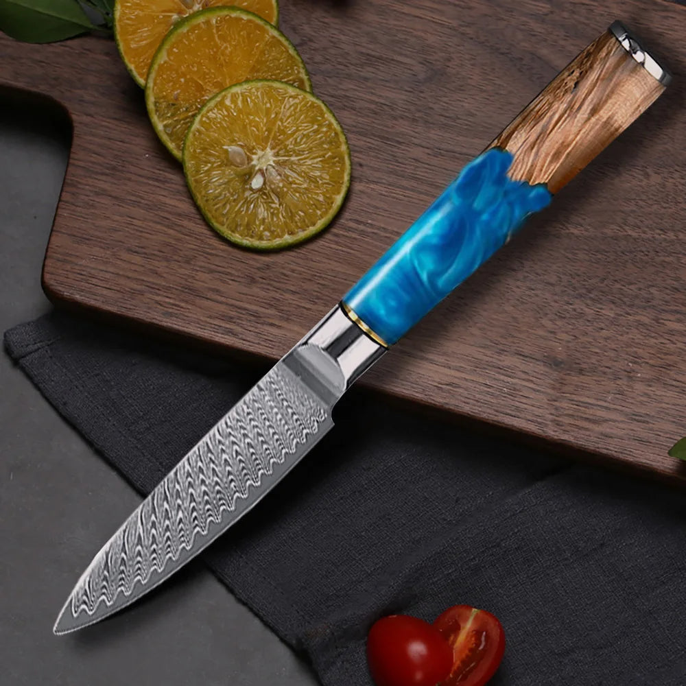 Tesoro Damascato Azzurro - Cuchillo pelador de 9 cm de acero damasco VG10 - 67 capas
