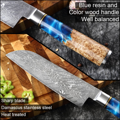 Tesoro Damascato Azzurro - Cuchillo Santoku de 16,5 cm de acero damasco VG10 - 67 capas